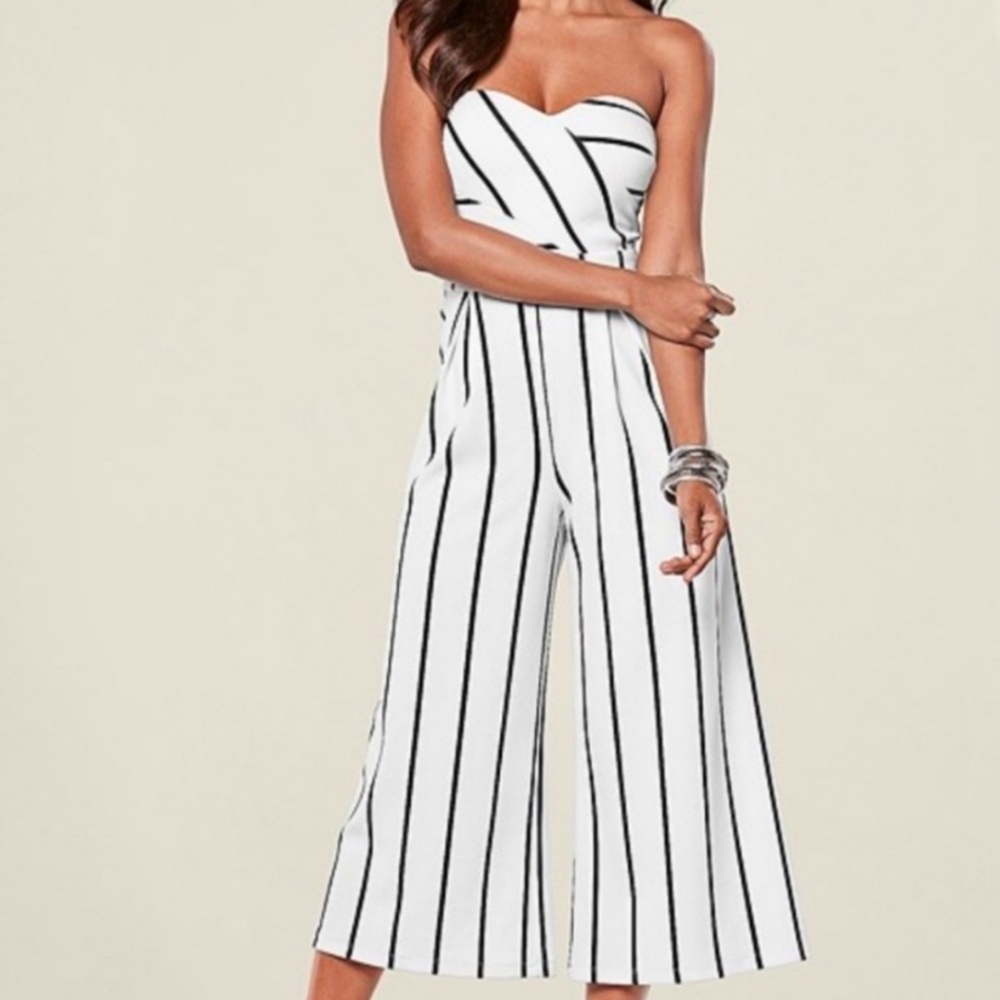 Striped Black and White Strapless Jumpsuit